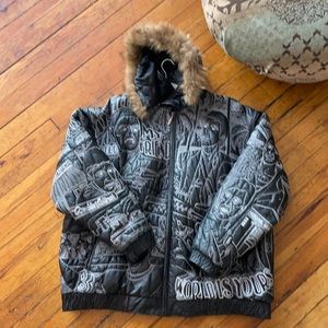 Super Vintage “Hypnotiq” brand embroidered leather puffer winter jacket w/ fur